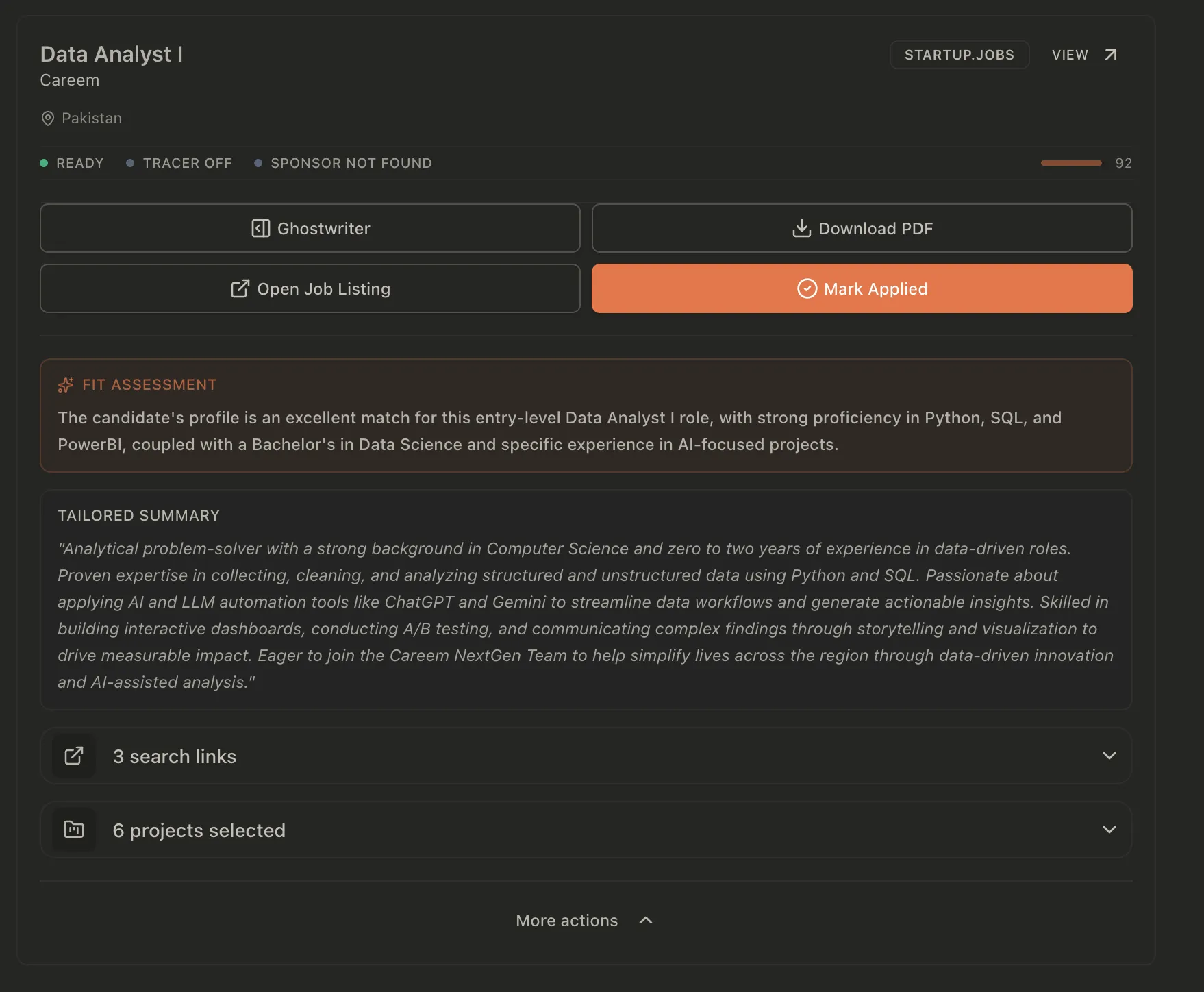 JobOps saved role with a fit assessment, tailored resume summary, selected projects, and a Download PDF action