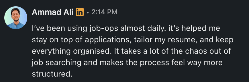 Screenshot of Ammad Ali sharing his JobOps testimonial on LinkedIn