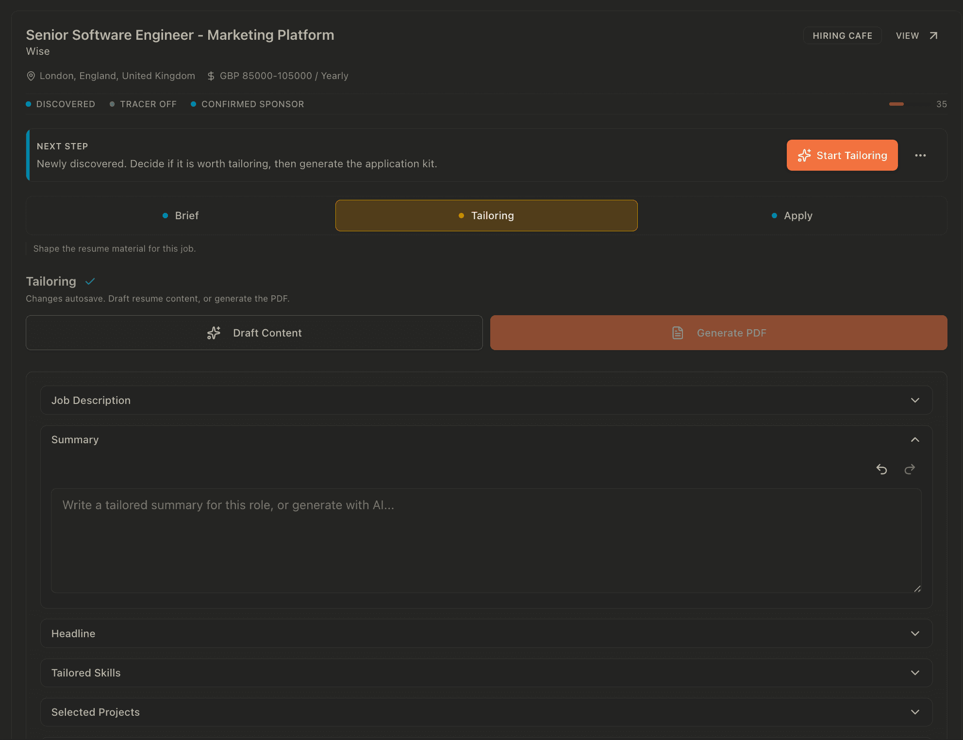 JobOps application tailoring screen with draft content controls