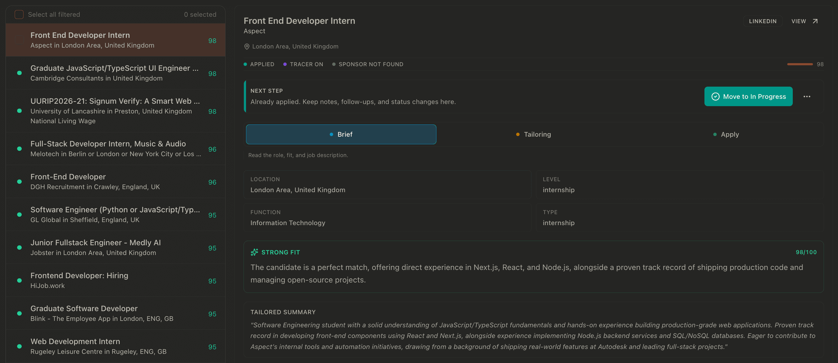 JobOps ranked job list with fit scores and role details