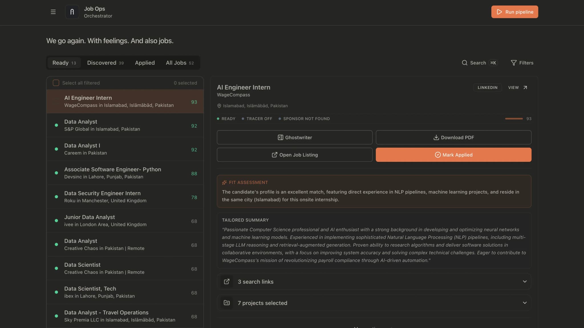 JobOps dashboard showing a live board for application status, next steps, and tracked opportunities