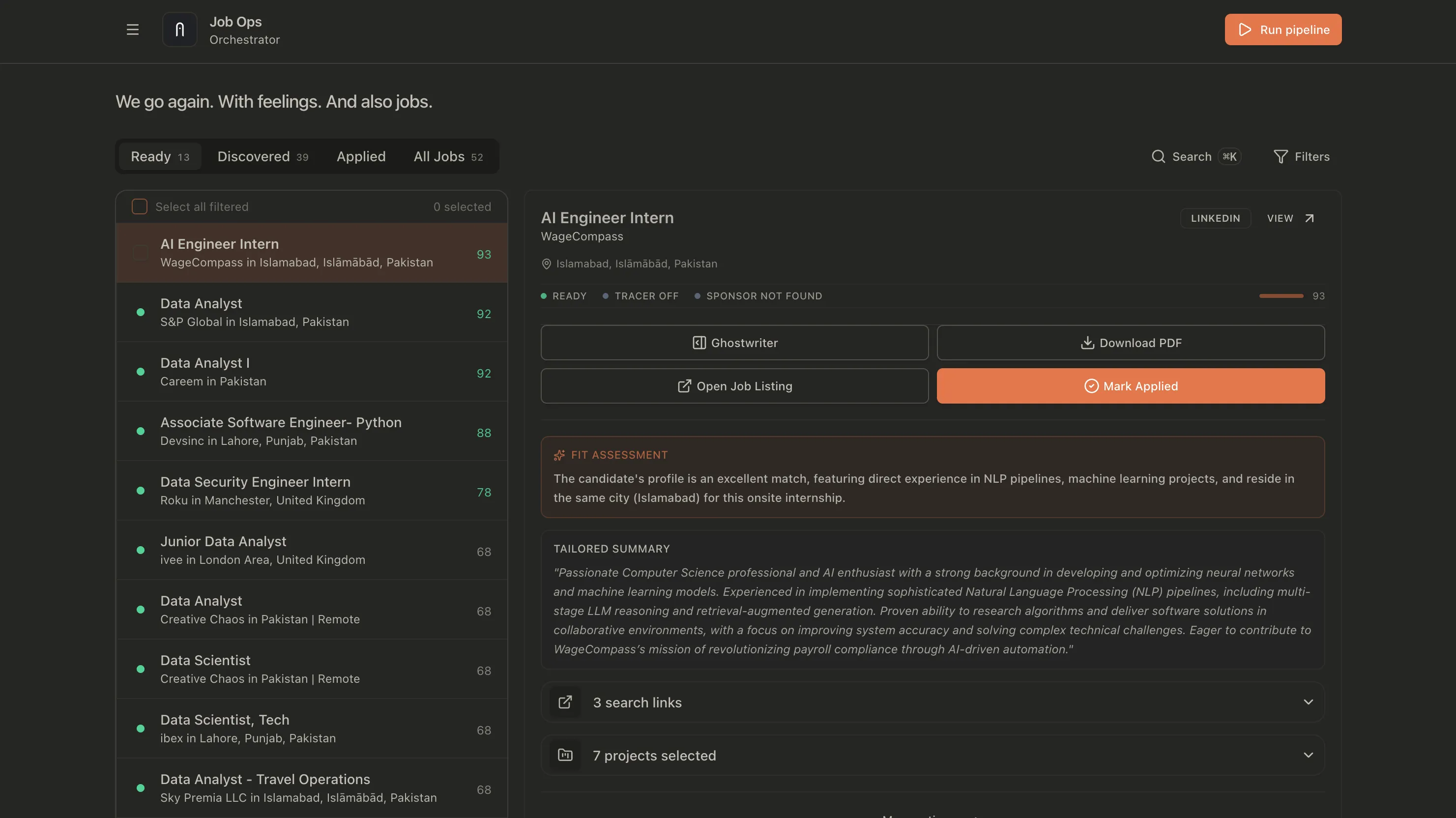 JobOps dashboard with a live board of jobs and status markers