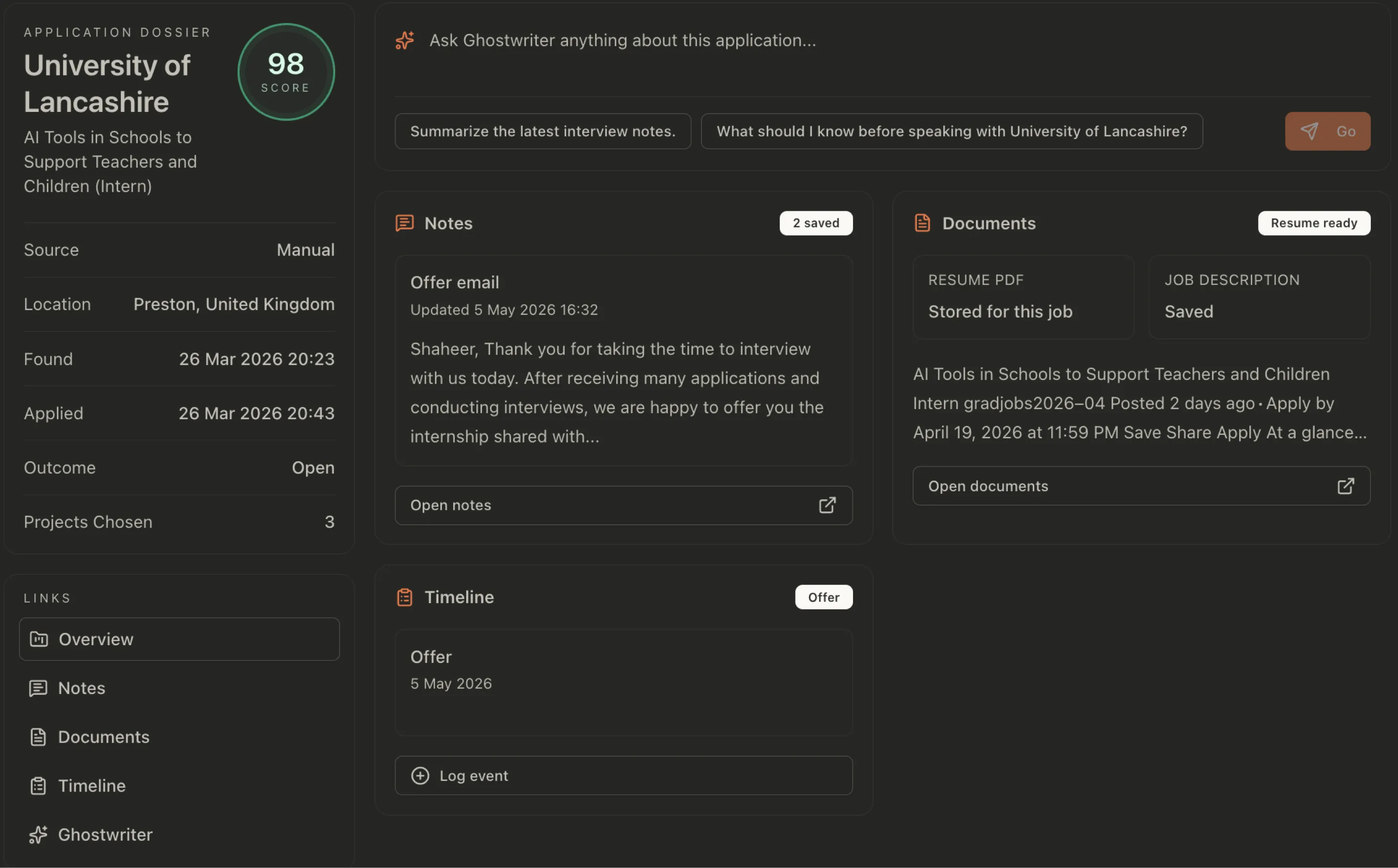 JobOps dashboard showing a live board for application status, next steps, and tracked opportunities
