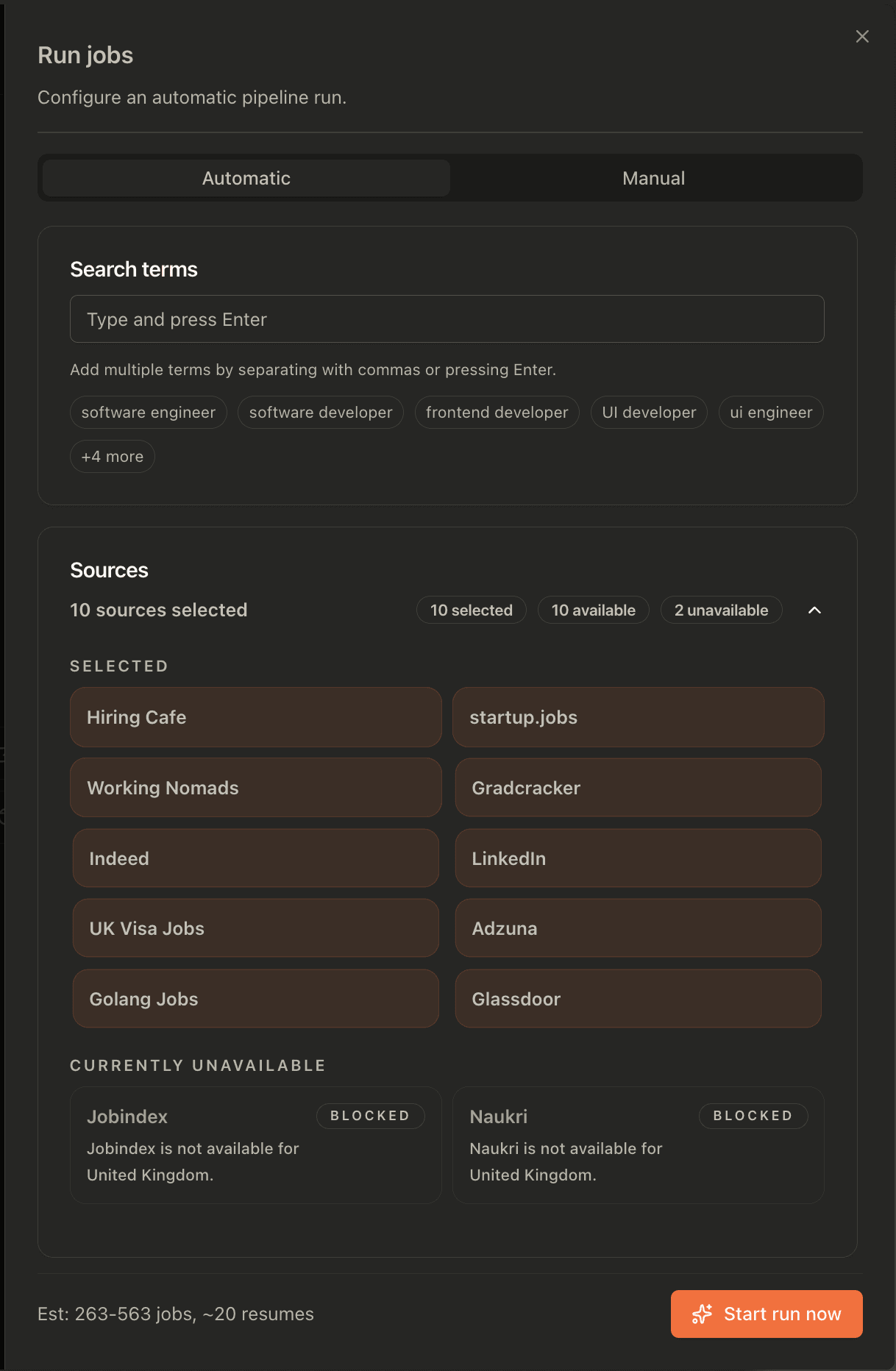 JobOps run setup with search terms and selected job sources