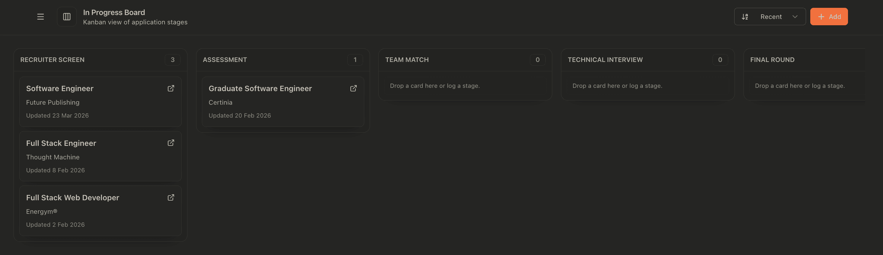 JobOps kanban board showing application stages